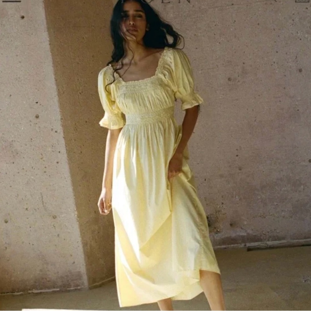Dizzy Lizzy Elegant Summer Light Yellow Cotton Puffed Sleeve Midi Dress Vacation